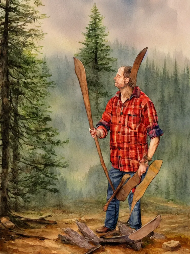 Image similar to a watercolor painting of a man wearing lumberjack clothes and holding a axe by william turner, forest in the background, warm colors, anatomically correct, five fingers, realistic and defined face, realistic, digital painting, masterpiece, watercolor, william turner, symmetrical, low contrast, warm