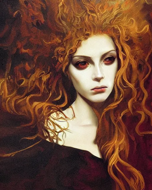 Prompt: a beautiful and eerie baroque painting of a gorgeous young woman from vampire the masquerade bloodlines, with wild hair and haunted eyes, 1 9 7 0 s, afternoon light, delicate embellishments, painterly