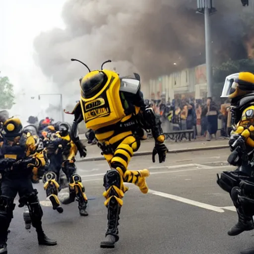 Image similar to barry bee benson flees from several riot police