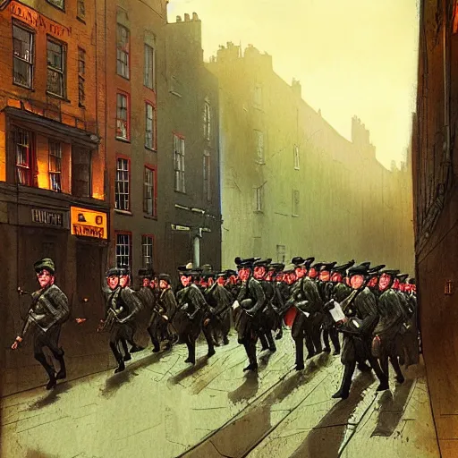 Image similar to Irish soldiers marching down the street in Dublin in 1916, by Marc Simonetti