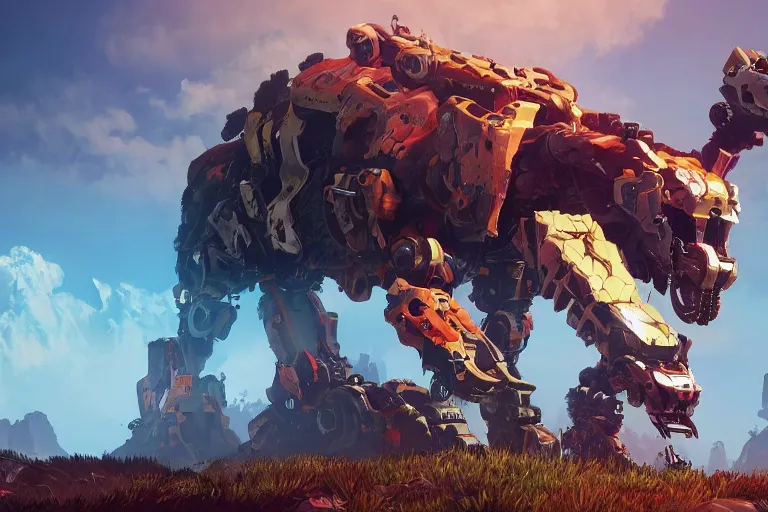 Image similar to behemoth machine mecha animal beast robot of horizon forbidden west horizon zero dawn bioluminiscence global illumination ray tracing hdr fanart arstation by sung choi and eric pfeiffer and gabriel garza and casper konefal