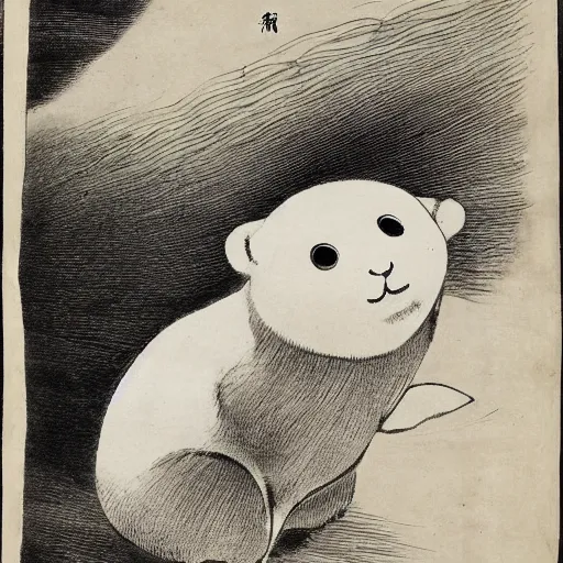Prompt: a baby harp seal demon, radiating dark aura, Japanese ink drawing from 1850