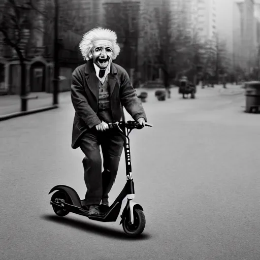 Image similar to Albert Einstein rides an electric scooter with his tongue out, moody, beautiful composition, hyper detailed, insane details , 8K