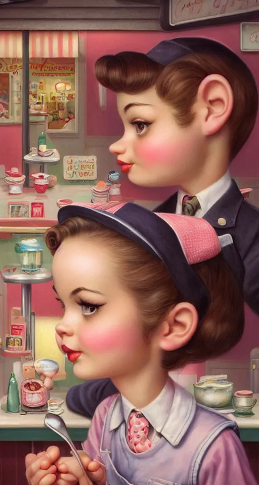 Image similar to closeup profile portrait of a 1 9 5 0 s diner, nicoletta ceccoli, mark ryden, lostfish, max fleischer, hyper realistic, artstation, illustration, digital paint, matte paint, vivid colors, bright, cheerful, detailed and intricate environment