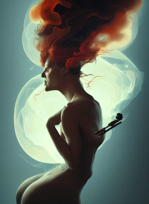 Image similar to woman exploding to smoke, backround dark, highly detailed, digital illustration, trending in artstation, modern painting, smooth, sharp focus, intricate, by peter mohrbacher