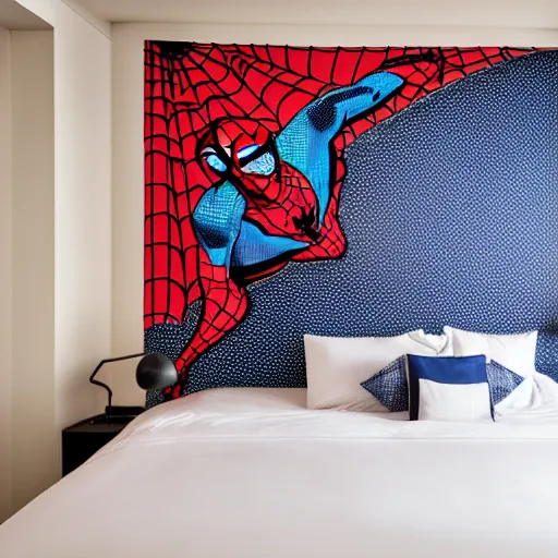 Image similar to designer photography of hotel room themed to spider - man motif. bed has spider - man blankets. wall has spider - man pattern. furniture has spider - man motif. furniture is shaped like spider - man furniture. carpet has spider - man motif. lighting has spider - man film shapes