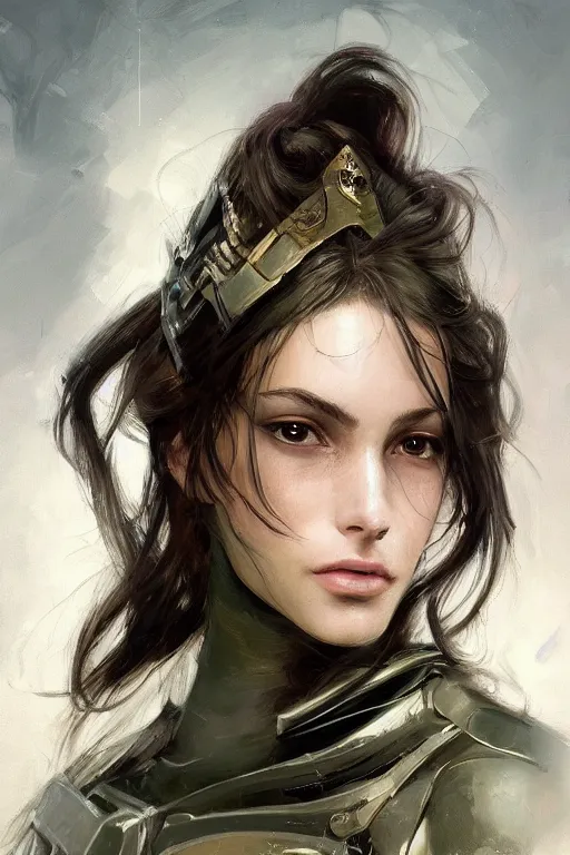 Image similar to a professionally painted portrait of an attractive young woman, clothed in military armor, olive skin, long dark hair, beautiful bone structure, symmetrical facial features, intricate, elegant, digital painting, trending on Artstation, concept art, smooth, sharp focus, illustration, from Metal Gear by Ruan Jia and Mandy Jurgens and Artgerm and William-Adolphe Bouguerea, award winning