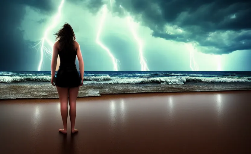 Image similar to a hyperdetailed photorealistic beautiful woman standing on a beach in a severe thunderstorm, rain, global illumination, volumetric lighting, cinematic framing, cinematic lighting, cinematic shadows