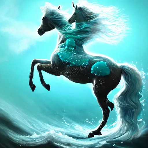 Image similar to a fantastical transparent small turquoise spirit horse made of water and foam and algae and ice, splashing water, wave, translucent, ethereal, noble, radiant, hyperalism, scottish folklore, digital painting, artstation, concept art, smooth, 8 k frostbite 3 engine, ultra detailed, art by artgerm and greg rutkowski and magali villeneuve