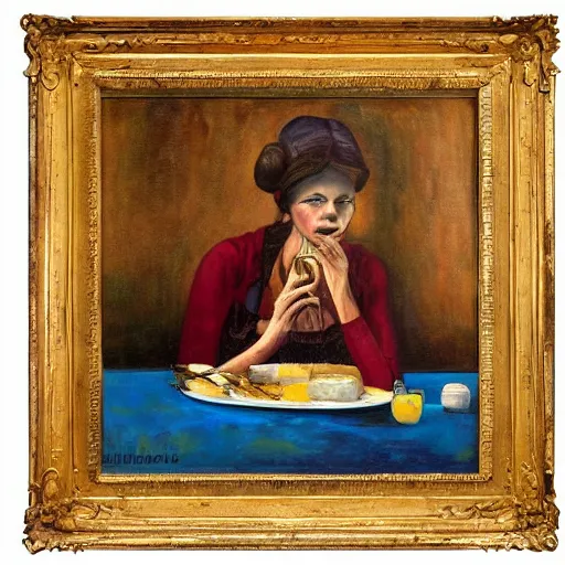 Image similar to a Picaso's painting about a women eating, hyperdetailed, award winner