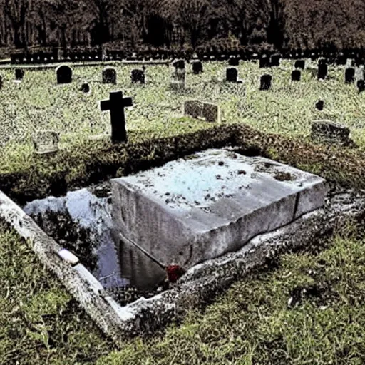 Prompt: dreadful, composed by ferdinand keller, by ron garney bauhaus, glitch art. the experimental art shows a grave that has been flooded with water. the grave is located in a cemetery in italy. the water in the grave is dirty & there is trash floating in it. the grave is surrounded by a fence.