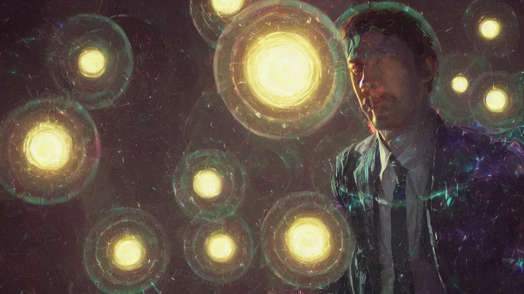 Image similar to swarm of glowing iridescent discs surrounding a man, by greg rutkowski