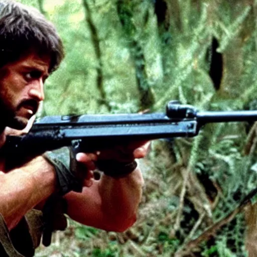 Image similar to A still of Garfield as Rambo in Rambo First Blood (1982)