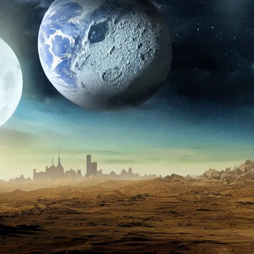 Image similar to sci-fi landscape realistic moonscape with city in distance, craters and harsh sunlight HD widescreen