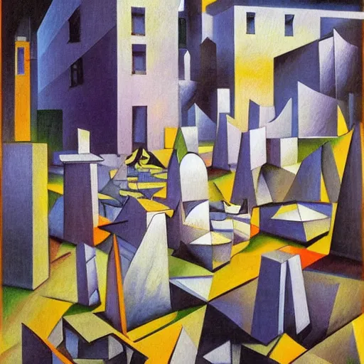 Prompt: cubist painting of ephemeral souls wandering in cemetary shaped like a spiralling maze, cgsociety, masterpiece, art, artwork, oil on canvas