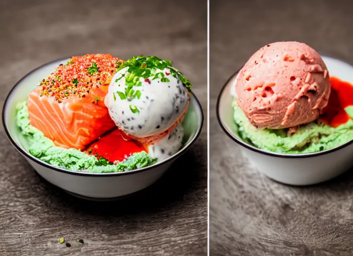 Image similar to dslr food photograph of salmon and wasabi ice cream sundae with salmon roe and wasabi drizzle, 8 5 mm f 1. 8