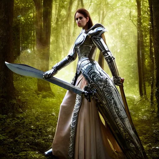 Prompt: a masterpiece ultrarealistic ultradetailed portrait of silver armored magic knight in a forest, long brown hair, woman holding greatsword, baroque renaissance. fashion pose, photo by philip - daniel ducasse and yasuhiro wakabayashi and jody rogac, telephoto, intricate, elegant, global illumination. vfx