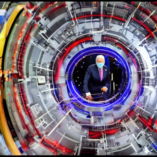 Prompt: Joe Biden and a group of demons crawling out of The Large Hadron Collider at cern 4k ultra high quality