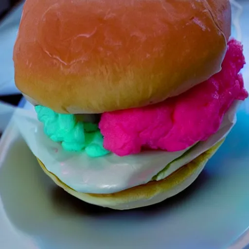 Image similar to a cotton candy burger.