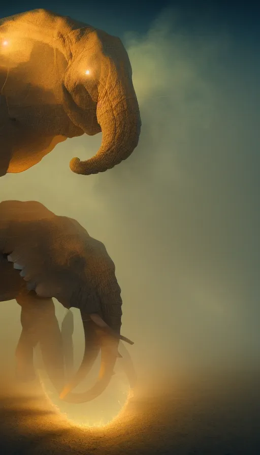 Image similar to 8K UHD Houdini Recursive structure, a fractal elephant, background bioluminescent swirling smoke wisps, natural gradient palette, volumetric lighting, 18 mm lens