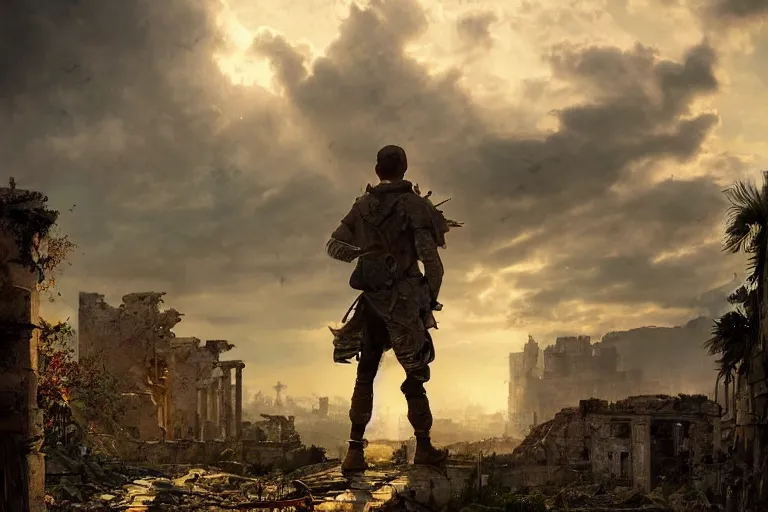 Image similar to a scenic landscaping view of a lone military soldier standing in the ruins of the city, ray of sunlight, powerful clouds, Greg Rutkowski, Moebius, Bill Sienkiewicz, Alphons Mucha, countryside color scheme, ultra wide angle, ultra detailed, light effect