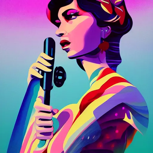 Image similar to a colorful comic noir illustration of a woman singing about a broken heart, beautiful, hyperrealistic, tristan eaton, victo ngai, artgerm, rhads, ross draws, 8 k, high contrast, dark vibes, pastel lighting, depth of field