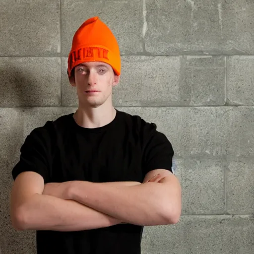 Image similar to close-up a 25 year old man wearing a black winter hat and a orange jail inmate tshirt, inside a underground facility, blue eyes, hideous, side lighting, Jan Kalous, D-55240