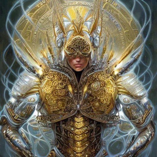 Image similar to a beautiful symmetrical muscular body wearing an armor made of golden ornaments and gems by alex gray and android jones , Karol Bak, Ayami Kojima, Amano , concept art, character design, fantasy,3D, 8k resolution