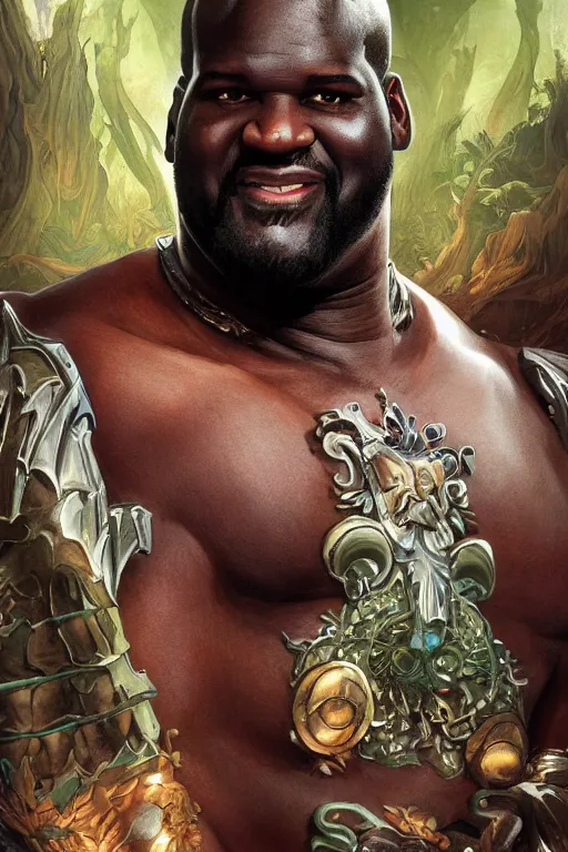 Image similar to portrait of shaquille o'neal as a hulking herculean demon, forest, godlike, full body, fantasy, intricate, elegant, highly detailed, digital painting, artstation, concept art, sharp focus, illustration, art by artgerm and greg rutkowski and alphonse mucha