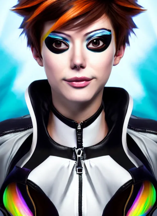 Image similar to portrait bust digital artwork of tracer overwatch, wearing white iridescent rainbow latex and leather straps catsuit outfit, 4 k, expressive happy smug expression, makeup, in style of mark arian, angel wings, wearing detailed black leather collar collar collar collar, chains, black leather harness, detailed face and eyes,