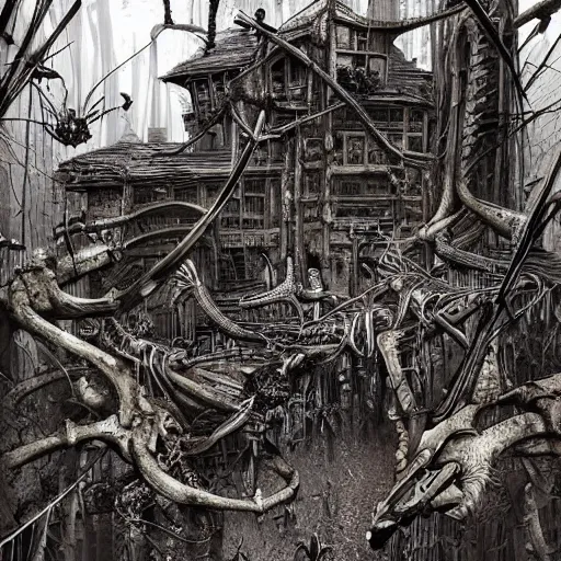 Image similar to exotic forest of bones and spiderwebs, post apocalyptic, hyper detailed