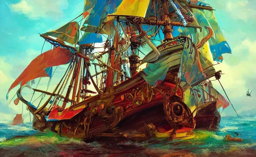 Image similar to pirate ship, storybook, colorful, lush, artstation, print