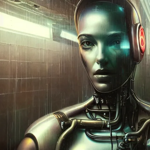 Image similar to detailed portrait of a cybernetic woman android, moment, cyberpunk elevated train, electronic billboards, tech noir, wet reflections, atmospheric, ambient, livia prima, greg rutkowski, edward hopper, pj crook