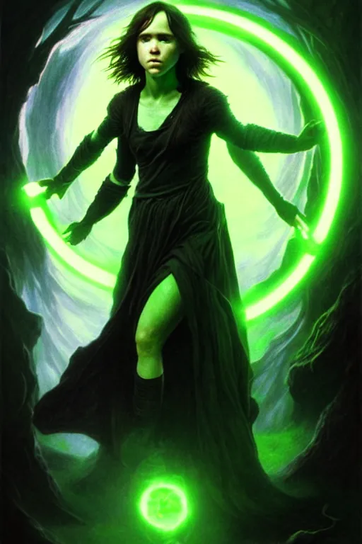 Image similar to ellen page as a dark sorceress casting a green spell, green lighting, fantasy character portrait, ultra realistic, concept art, intricate details, highly detailed by james bama, william adolphe bouguereau and frank frazetta