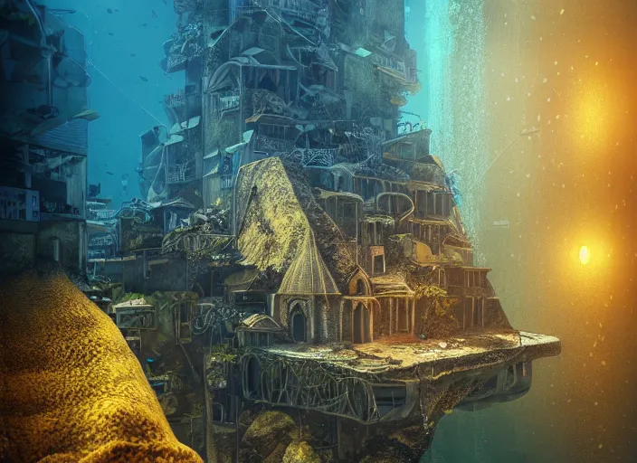 Image similar to cathedral favela, underwater environment, scenery, professional, award - winning, trending on artstation, hyper detailed, realistic, beautiful, emotional, shiny, golden, picture