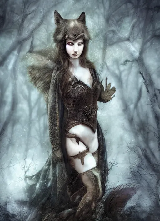 Image similar to medieval female warrior, green eyes, dark forbidden forest, wolves, white cat, by Lecouffe-Deharme, by Natalie Shau