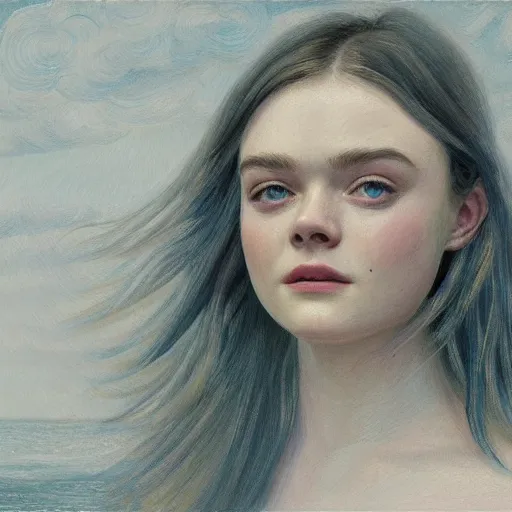 Prompt: professional painting of Elle Fanning in the style of Daniel Garber, head and shoulders portrait, symmetrical facial features, smooth, sharp focus, illustration, intricate, stormy weather, extremely detailed masterpiece,