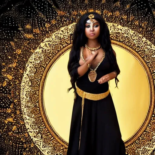 Image similar to aesthetic!!!!!! Female genie in Arabic clothing, black skin, long black hair, gold tint, frontal pose, cinematic lighting, silk, fabric, full-length view, graphex camera, symmetrical balance, in-frame, bokeh!!!!!!