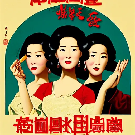 Prompt: vintage Hong Kong movie poster, 3 young and beautiful women, symmetrical faces, with hands holding Chinese Mahjong tiles, facing to audience, painted by Vermeer, Kerry James Marshall and Norman Rockwell, cinematic lighting by Wong Kar Wei, Stanley Kubricks, hyper realism, ultra realistic, 4K, highly detailed, floating symbols of eyes