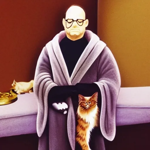 Image similar to “ george costanza from seinfeld with the body of a cat, wearing velvet robe, very realistic, very detailed ”