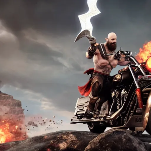 Image similar to kratos, with leviathan axe, jumping a black harley - davidson motorcycle off a cliff, cinematic render, playstation studios official media, god of war 2 0 1 8, flames