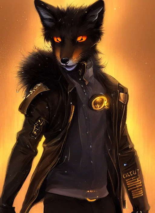 Prompt: award winning beautiful portrait commission of a male furry anthro melanated fox fursona with a tail and a cute beautiful attractive detailed furry face wearing stylish black and gold cyberpunk clothes in a cyberpunk city at night while it rains. Character design by charlie bowater, ross tran, artgerm, and makoto shinkai, detailed, inked, western comic book art