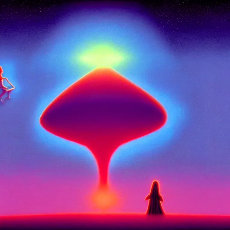 Prompt: mysterious ufo abduction female silhouette, infinite sky, synthwave, fractal waves, bright neon colors, highly detailed, cinematic, tim white, roger dean, michael whelan, caza, bob eggleton, philippe druillet, vladimir kush, kubrick, alfred kelsner, vallejo