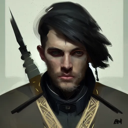 Prompt: a portrait of a noble man in the style of dishonored videogame, digital painting, trending on artstation, detailed, greg rutkowski,