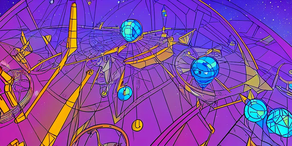 Image similar to tarot card of futuristic space port in the style disneys world of tomorrow, retro line art, path traced