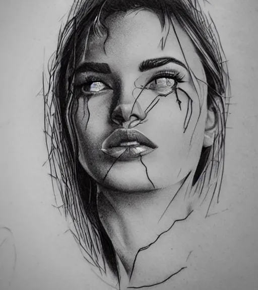 Image similar to a beautiful woman face next to mighty mountains, tattoo design sketch, amazing blend effect, hyper - realistic, in the style of matteo pasqualin, amazing detail, black and white