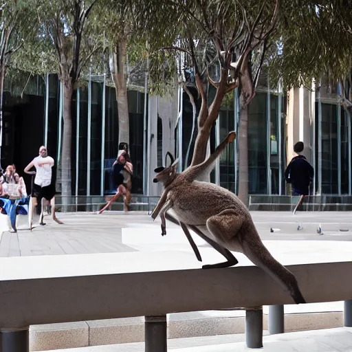 Prompt: kangaroo doing parkour at the adelaide festival center