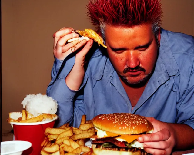 Image similar to dramatic color photo of guy fieri eating a burger, detailed and creepy, by william eggleston, fujifilm velvia 5 0, color photography, sigma 2 8 mm