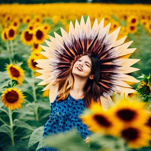 Prompt: aesthetic origami person dancing in a field of sunflowers, macro, high quality