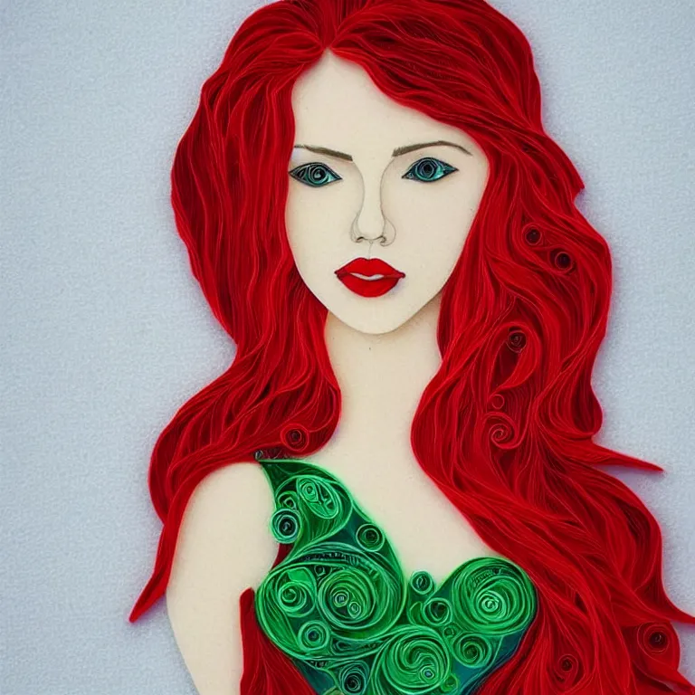 Image similar to young Scarlett Johansson with long red hair in the style of quilling